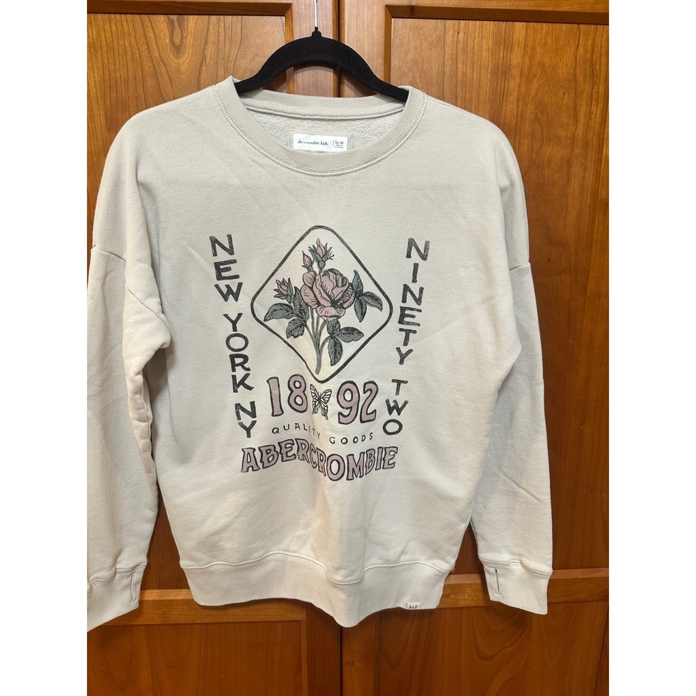 Abercrombie Kids Girls Beige Floral Graphic Sweatshirt Thumbholes Size 13/14